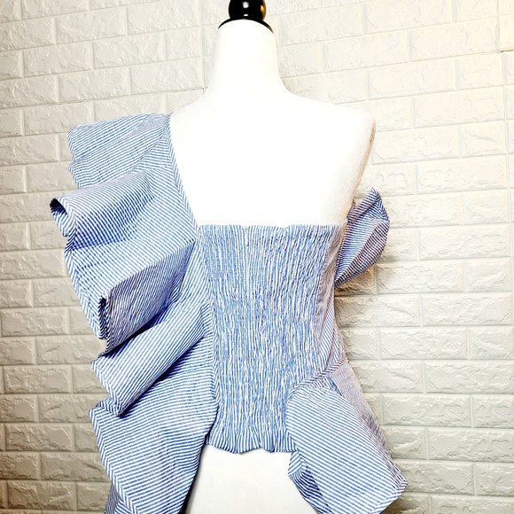 Off Shoulder Blue White Top - Picture 2 of 3